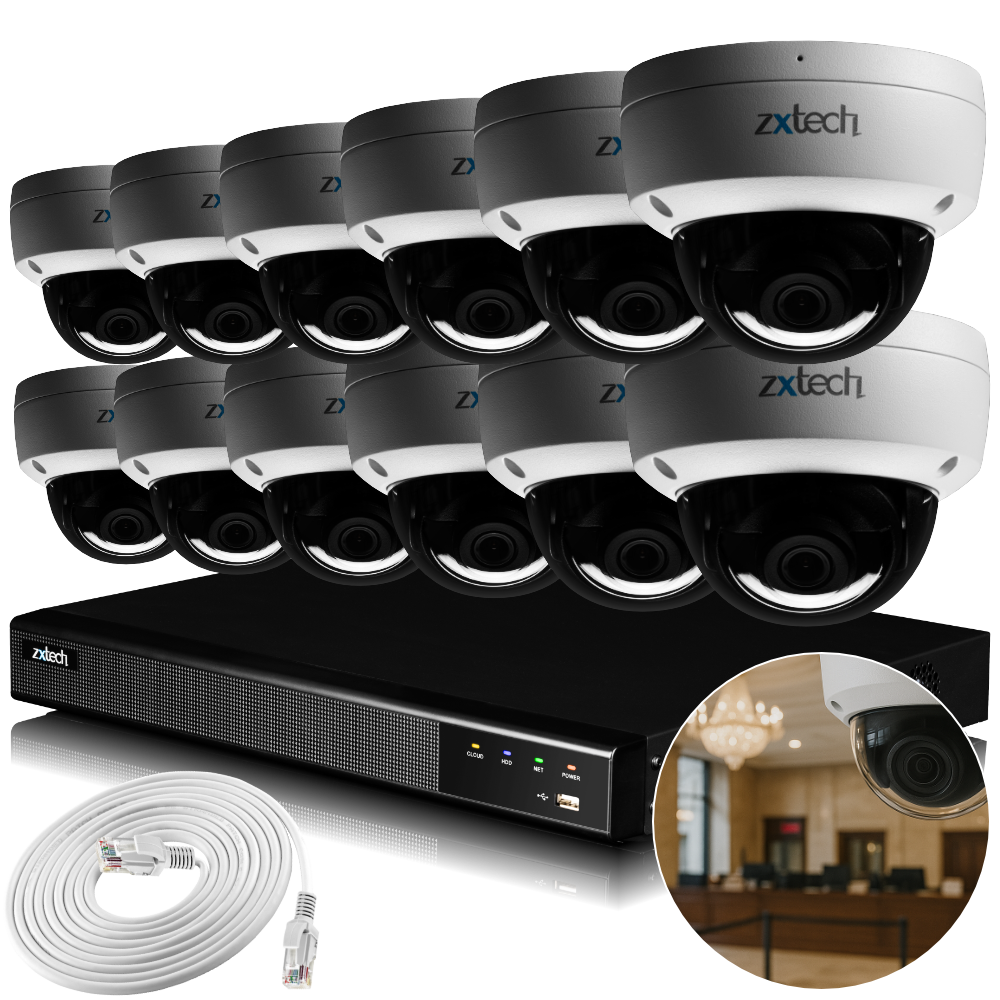 Zxtech IK10 4K PoE CCTV System – 12 x 8 MP Cameras with Sony Starvis, Stealth Night Vision & Built‑in Audio for High‑End Interiors | IK1A4Z