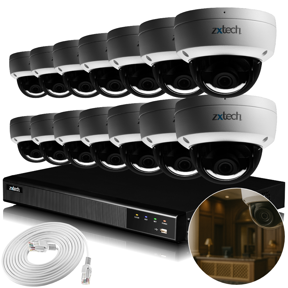 Zxtech IK10 4K PoE CCTV System – 14 x 8 MP Cameras with Sony Starvis, Stealth Night Vision & Built‑in Audio for High‑End Interiors | IK1A4Z