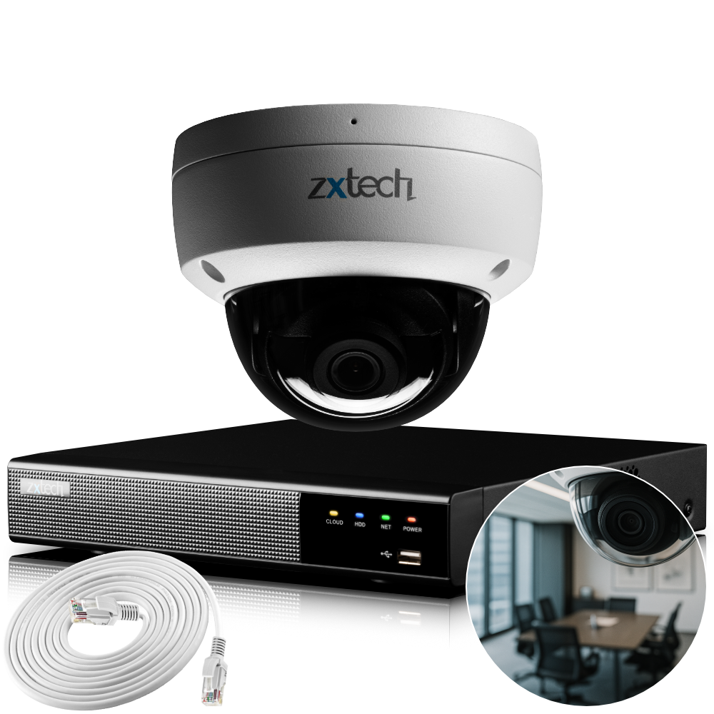 Zxtech IK10 4K PoE CCTV System – 1 x 8 MP Camera with Sony Starvis, Stealth Night Vision & Built‑in Audio for High‑End Interiors | IK1A4Z