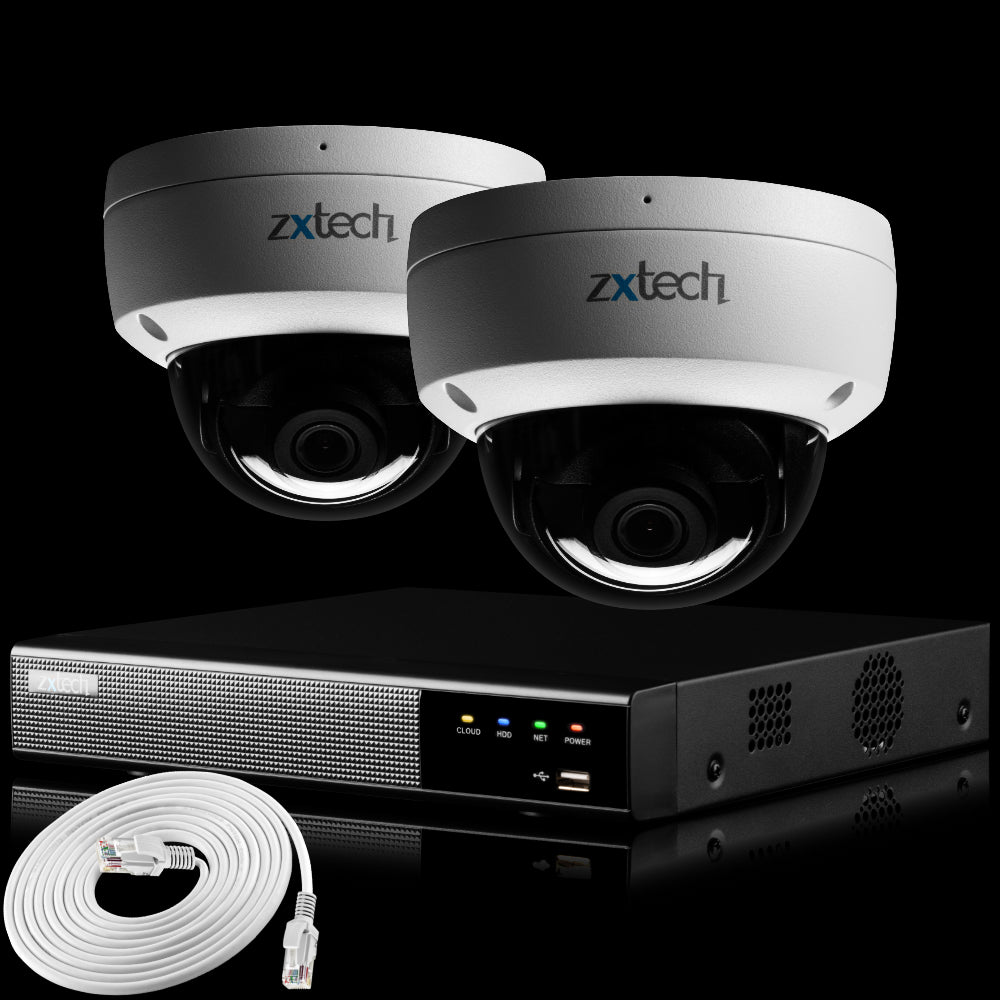 Zxtech IK10 4K PoE CCTV System – 2 x 8 MP Cameras with Sony Starvis, Stealth Night Vision & Built‑in Audio for High‑End Interiors | IK1A4Z