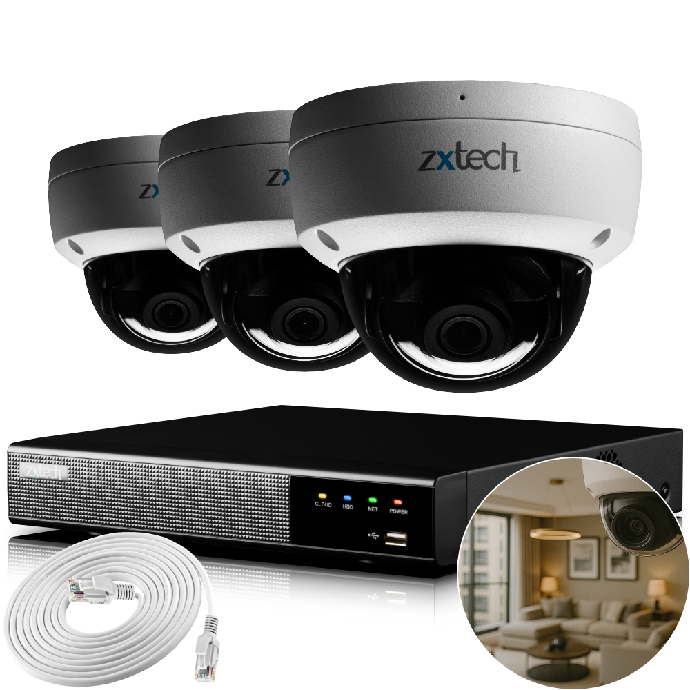 Zxtech IK10 4K PoE CCTV System – 3 x 8 MP Cameras with Sony Starvis, Stealth Night Vision & Built‑in Audio for High‑End Interiors | IK1A4Z