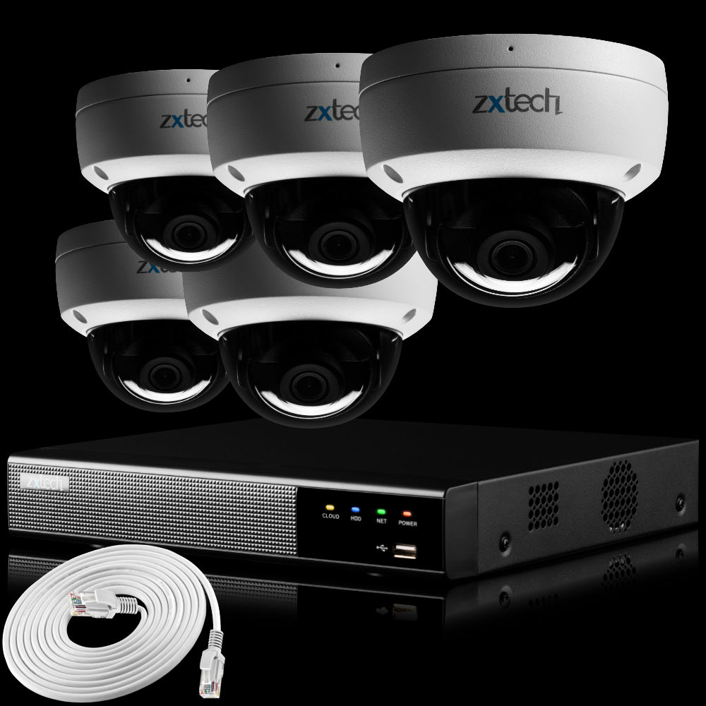Zxtech IK10 4K PoE CCTV System – 5 x 8 MP Cameras with Sony Starvis, Stealth Night Vision & Built‑in Audio for High‑End Interiors | IK1A4Z