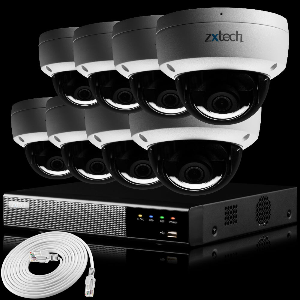 Zxtech IK10 4K PoE CCTV System – 8 x 8 MP Cameras with Sony Starvis, Stealth Night Vision & Built‑in Audio for High‑End Interiors | IK1A4Z
