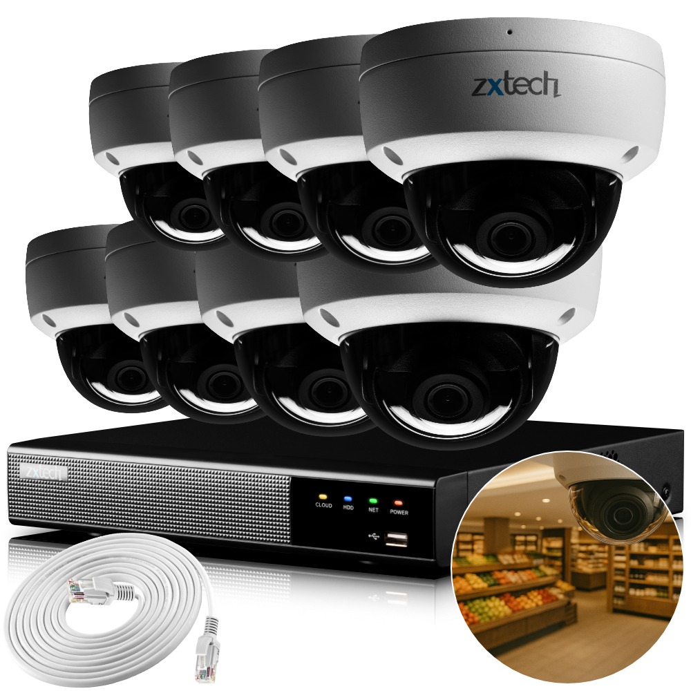 Zxtech IK10 4K PoE CCTV System – 8 x 8 MP Cameras with Sony Starvis, Stealth Night Vision & Built‑in Audio for High‑End Interiors | IK1A4Z