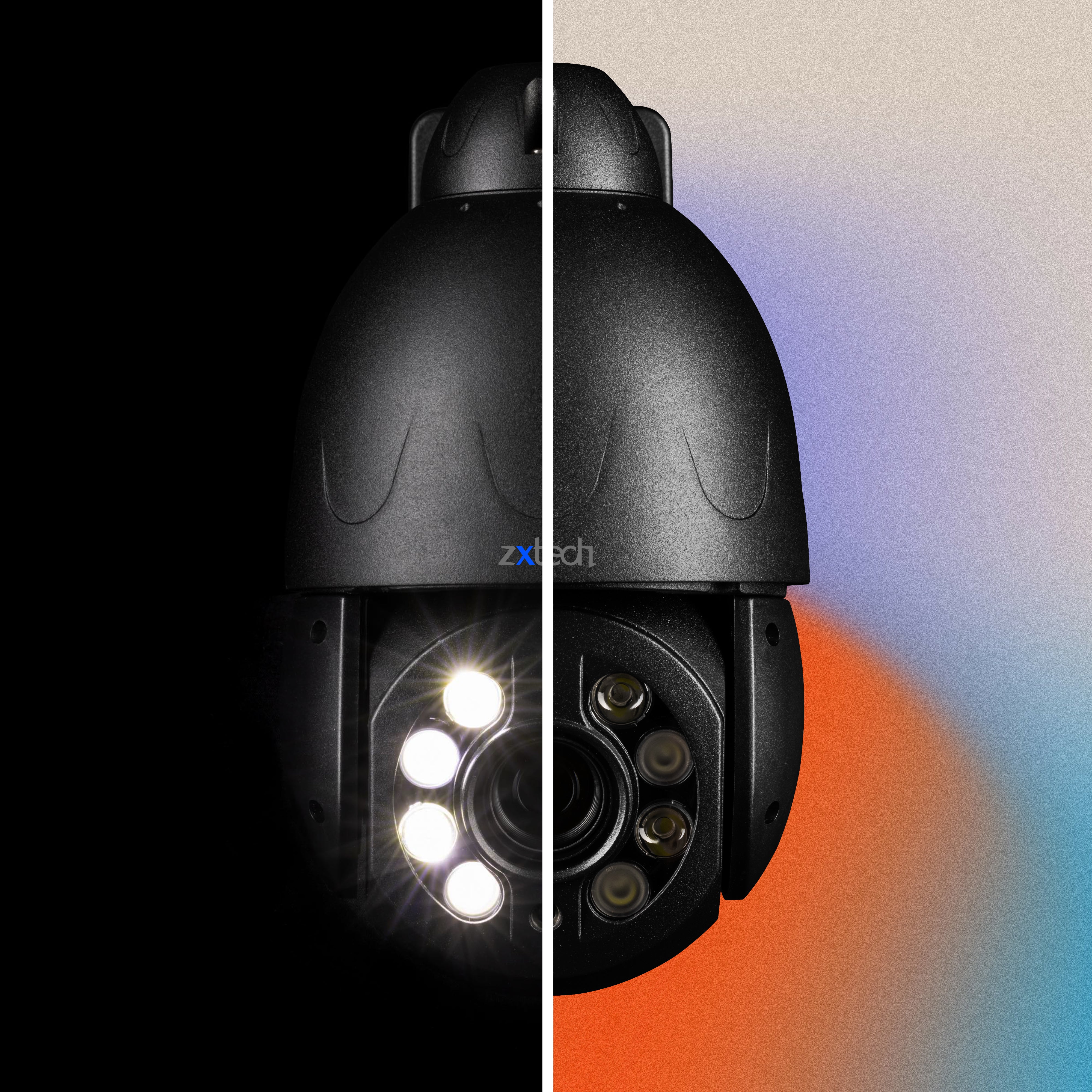 Bottom view of the 4K Zxtech PTZ security camera showing its built-in speaker and mic for two-way audio