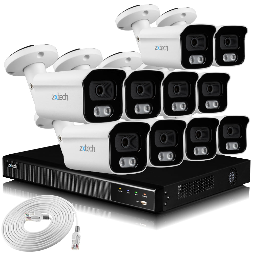 Zxtech 4K CCTV System - 10 x IP PoE Cameras Audio Recording Face Detection Outdoor Sony Starvis | RX10B16X