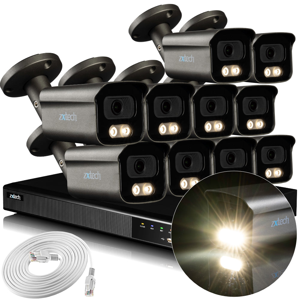 Zxtech 4K CCTV System - 10 x IP PoE Cameras Audio Recording Face Detection Outdoor Sony Starvis | RX10F16X