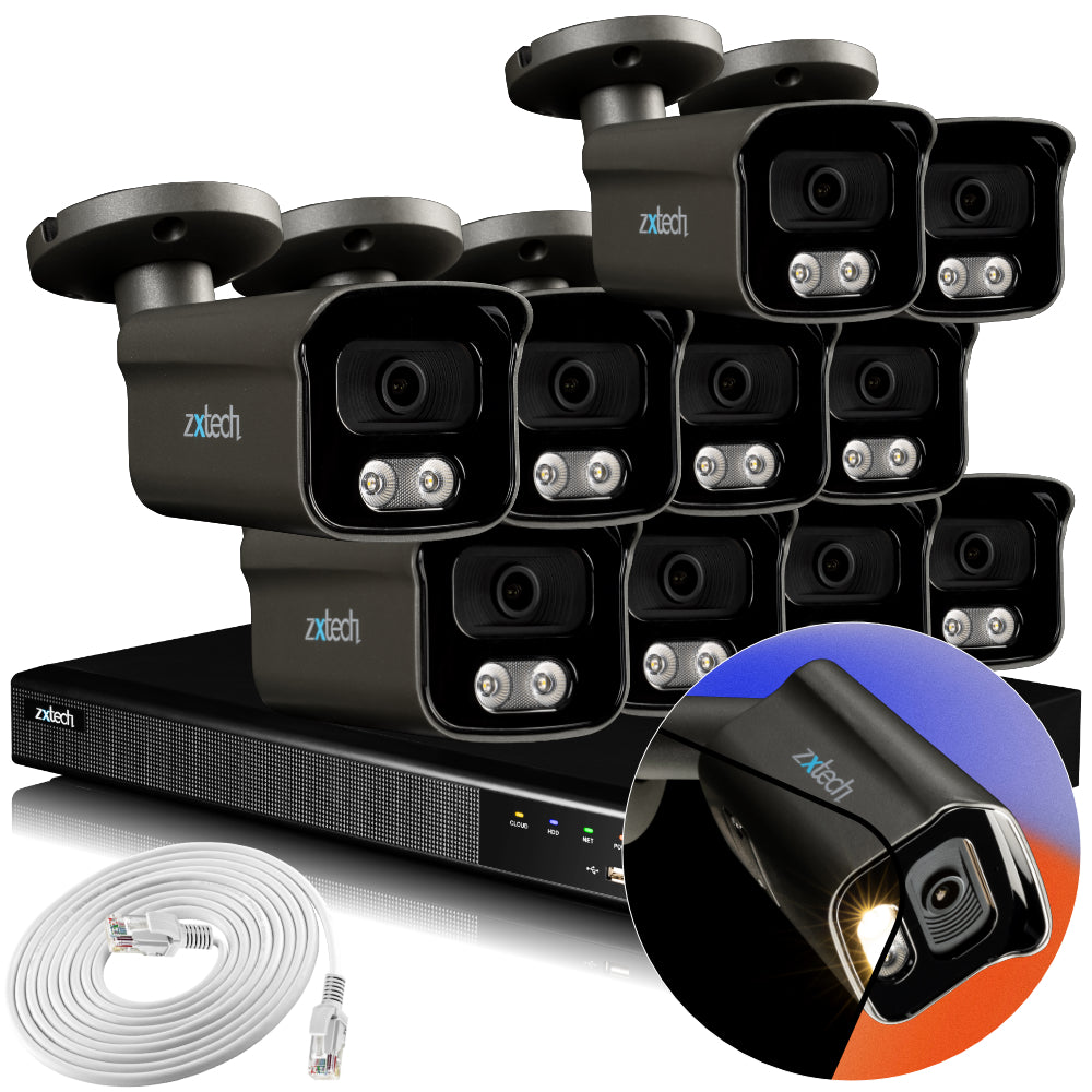 Zxtech 4K CCTV System - 10 x IP PoE Cameras Audio Recording Face Detection Outdoor Sony Starvis | RX10F16X