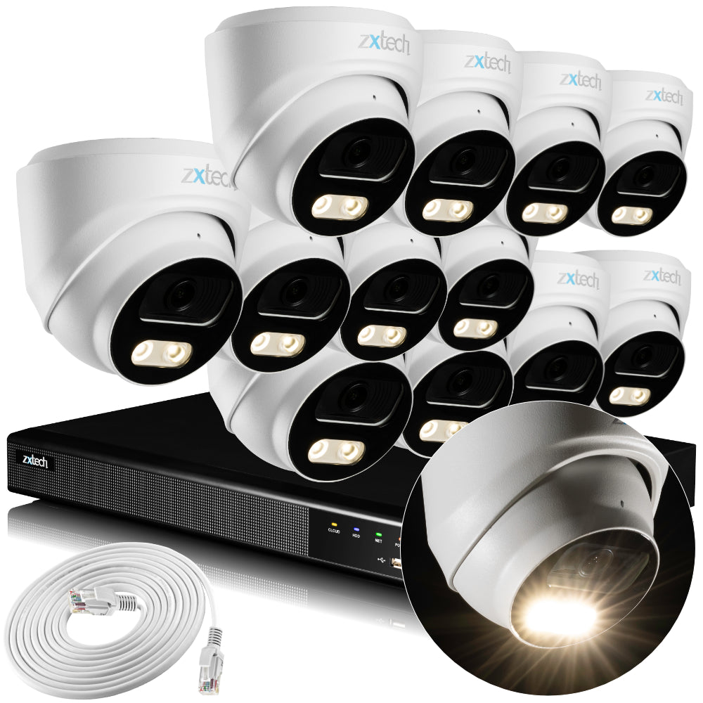 Zxtech 4K CCTV System - 12 x IP PoE Cameras Audio Recording Face Detection Outdoor Sony Starvis | RX12A16X