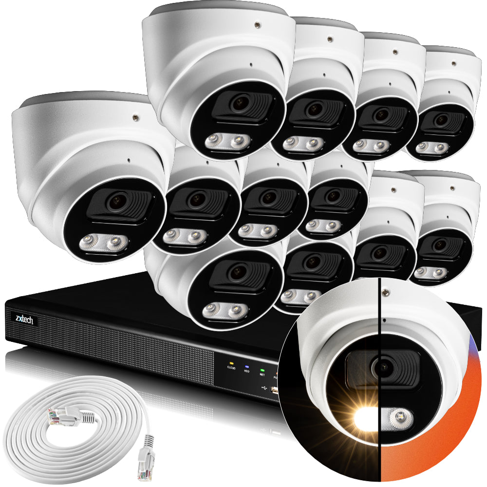 Zxtech 4K CCTV System - 12 x IP PoE Cameras Audio Recording Face Detection Outdoor Sony Starvis | RX12A16X
