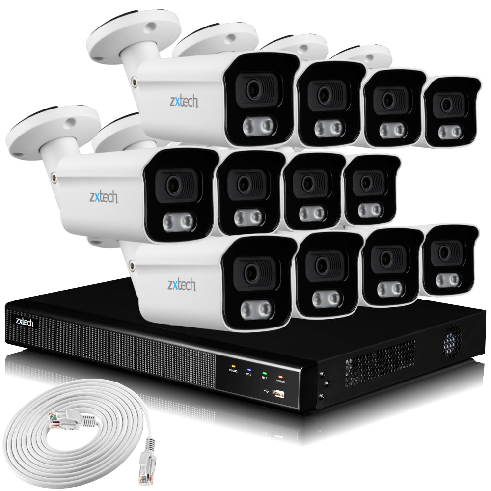 Zxtech 4K CCTV System - 12 x IP PoE Cameras Audio Recording Face Detection Outdoor Sony Starvis | RX12B16X