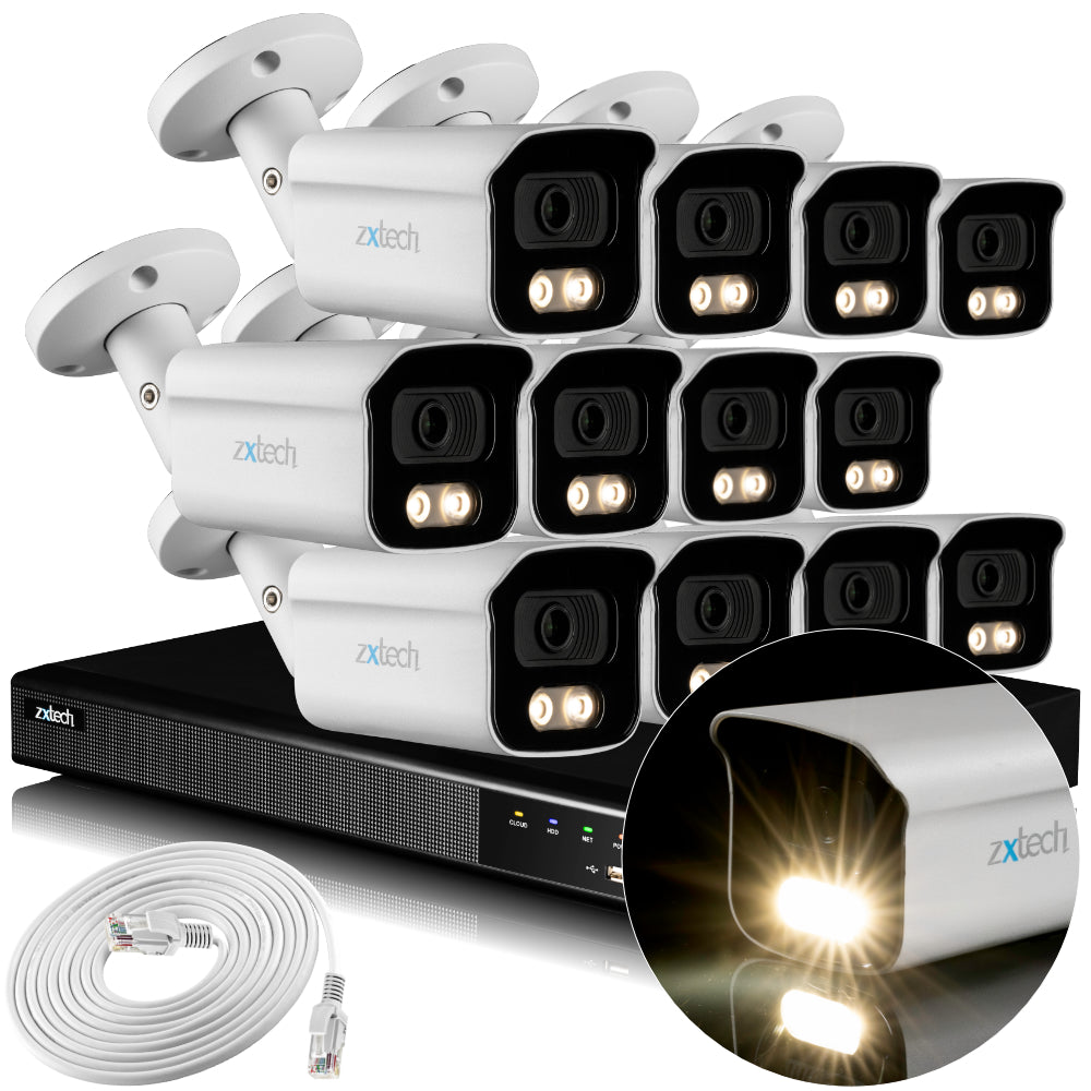 Zxtech 4K CCTV System - 12 x IP PoE Cameras Audio Recording Face Detection Outdoor Sony Starvis | RX12B16X