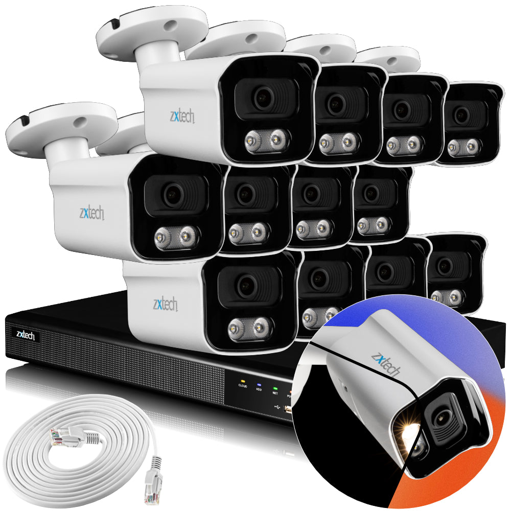 Zxtech 4K CCTV System - 12 x IP PoE Cameras Audio Recording Face Detection Outdoor Sony Starvis | RX12B16X