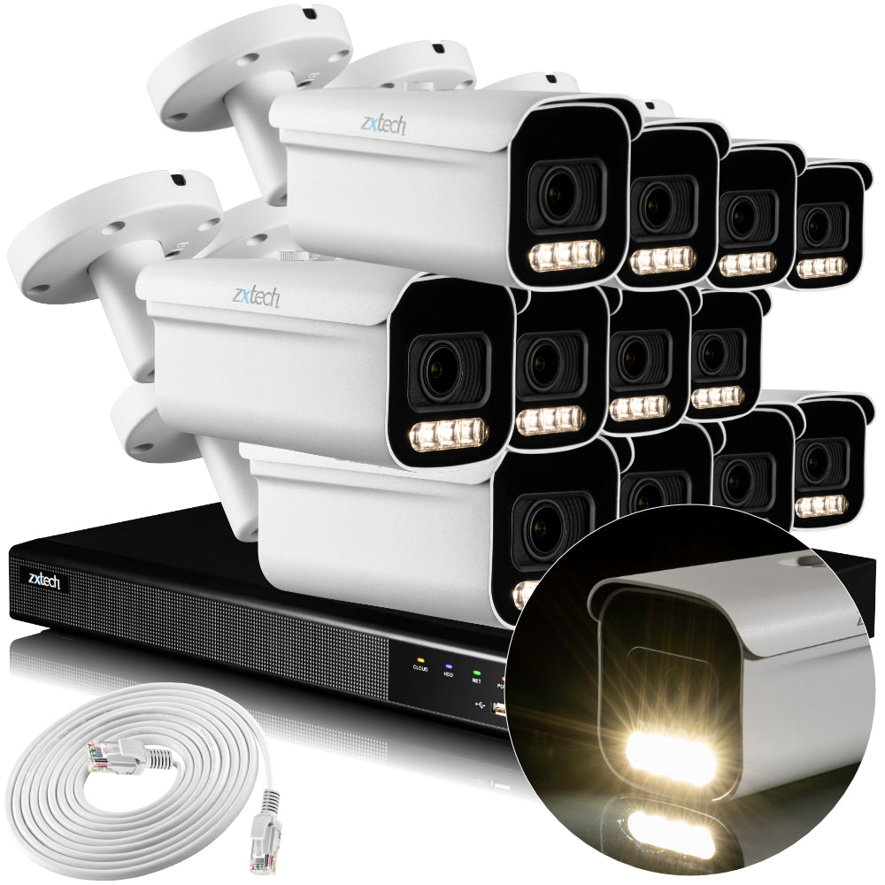 Zxtech 4K CCTV System - 12 x IP PoE Cameras Motorised Lens Face Detection Outdoor Sony Starvis Enhanced Night Vision | RX12D16X