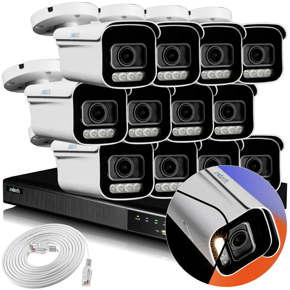 Zxtech 4K CCTV System - 12 x IP PoE Cameras Motorised Lens Face Detection Outdoor Sony Starvis Enhanced Night Vision | RX12D16X