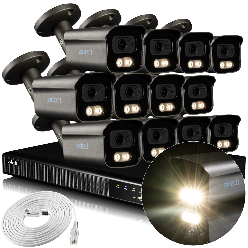 Zxtech 4K CCTV System - 12 x IP PoE Cameras Audio Recording Face Detection Outdoor Sony Starvis | RX12F16X