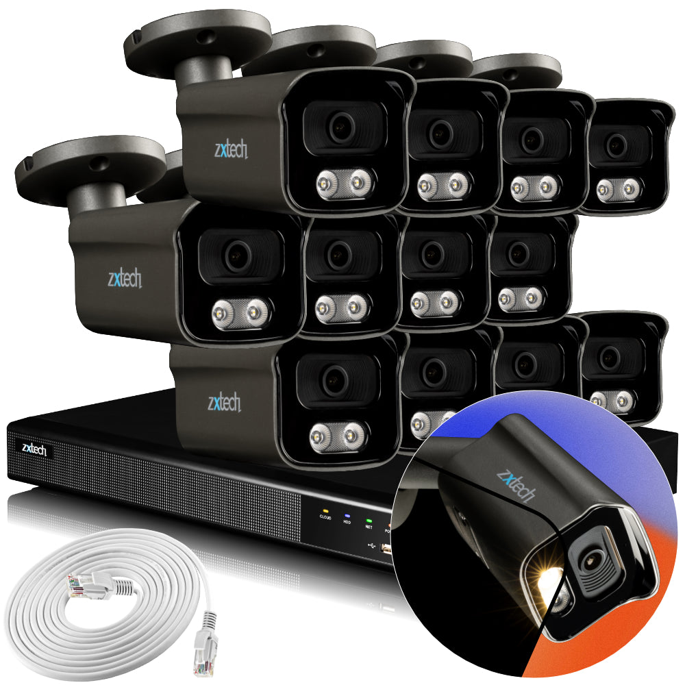 Zxtech 4K CCTV System - 12 x IP PoE Cameras Audio Recording Face Detection Outdoor Sony Starvis | RX12F16X