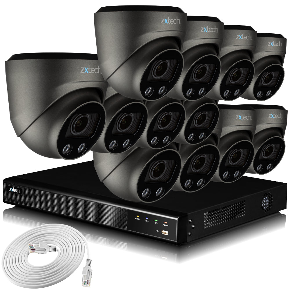 Zxtech 4K CCTV System - 12 x IP PoE Cameras Motorised Lens Face Detection Outdoor Sony Starvis | RX12G16X