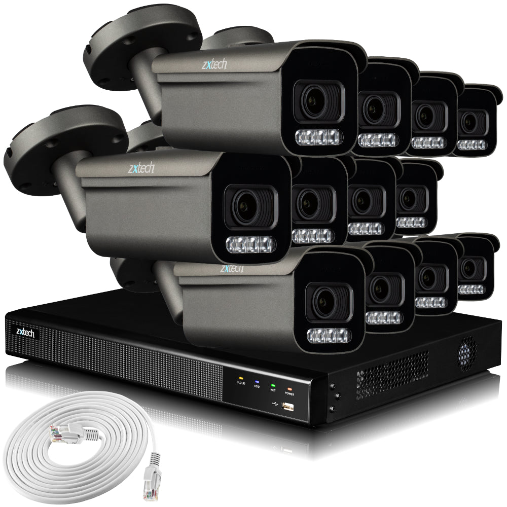 Zxtech 4K CCTV System - 12 x IP PoE Cameras Motorised Lens Face Detection Outdoor Sony Starvis Enhanced Night Vision | RX12H16X