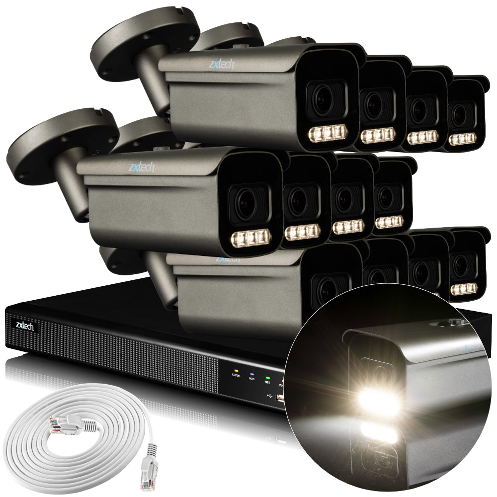 Zxtech 4K CCTV System - 12 x IP PoE Cameras Motorised Lens Face Detection Outdoor Sony Starvis Enhanced Night Vision | RX12H16X