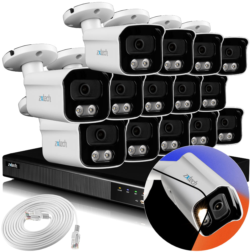 Zxtech 4K CCTV System - 14 x IP PoE Cameras Audio Recording Face Detection Outdoor Sony Starvis | RX14B16X