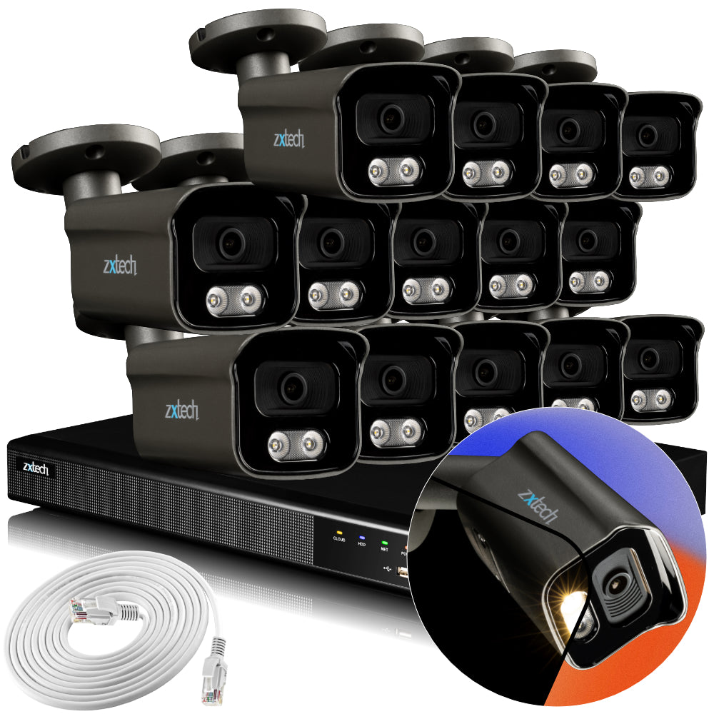 Zxtech 4K CCTV System - 14 x IP PoE Cameras Audio Recording Face Detection Outdoor Sony Starvis | RX14F16X