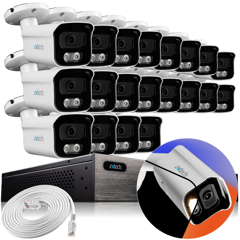 Zxtech 4K CCTV System - 20 x IP PoE Cameras Audio Recording Face Detection Outdoor Sony Starvis | RX20B24W