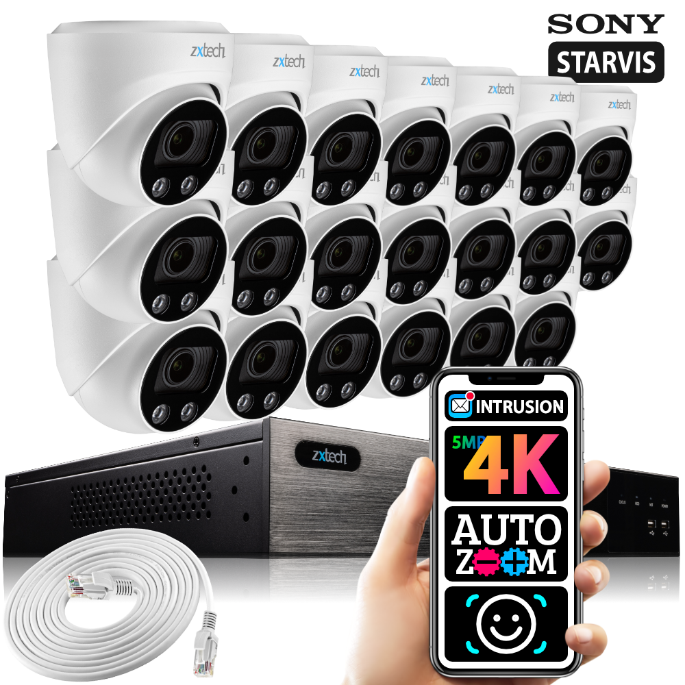 Zxtech 16x 5MP 8MP 60M IR Auto Zoom PoE Security Camera NVR Face Recognition Kit RX20C24W