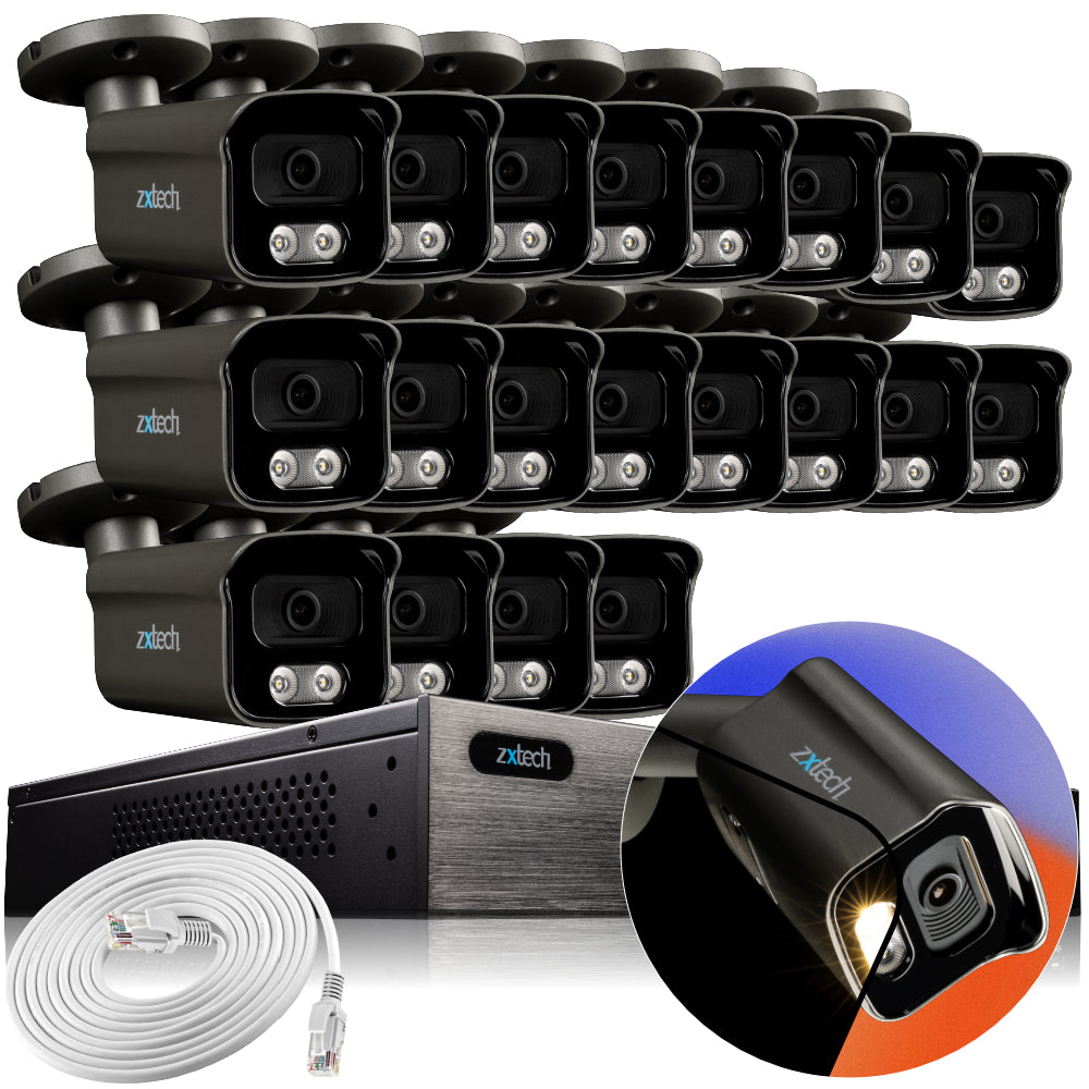 Zxtech 4K CCTV System - 20 x IP PoE Cameras Audio Recording Face Detection Outdoor Sony Starvis | RX20F24W