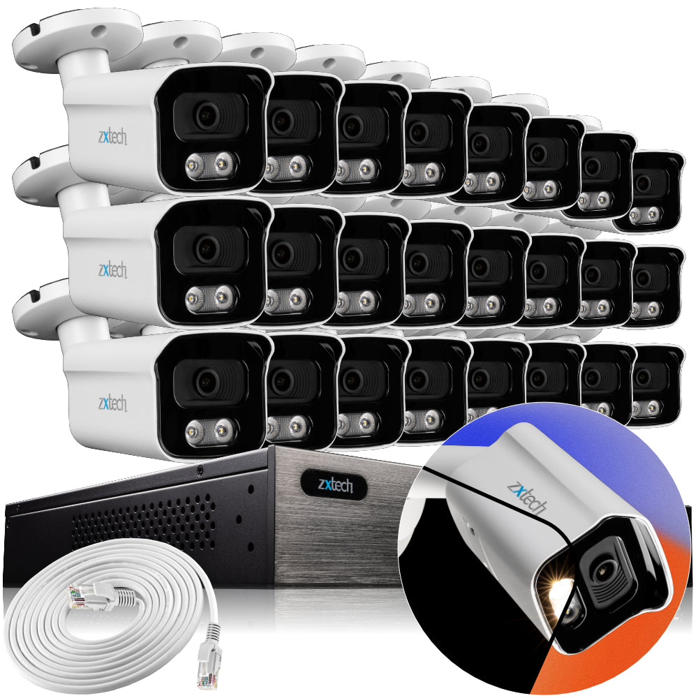 Zxtech 4K CCTV System - 24 x IP PoE Cameras Audio Recording Face Detection Outdoor Sony Starvis | RX24B24W