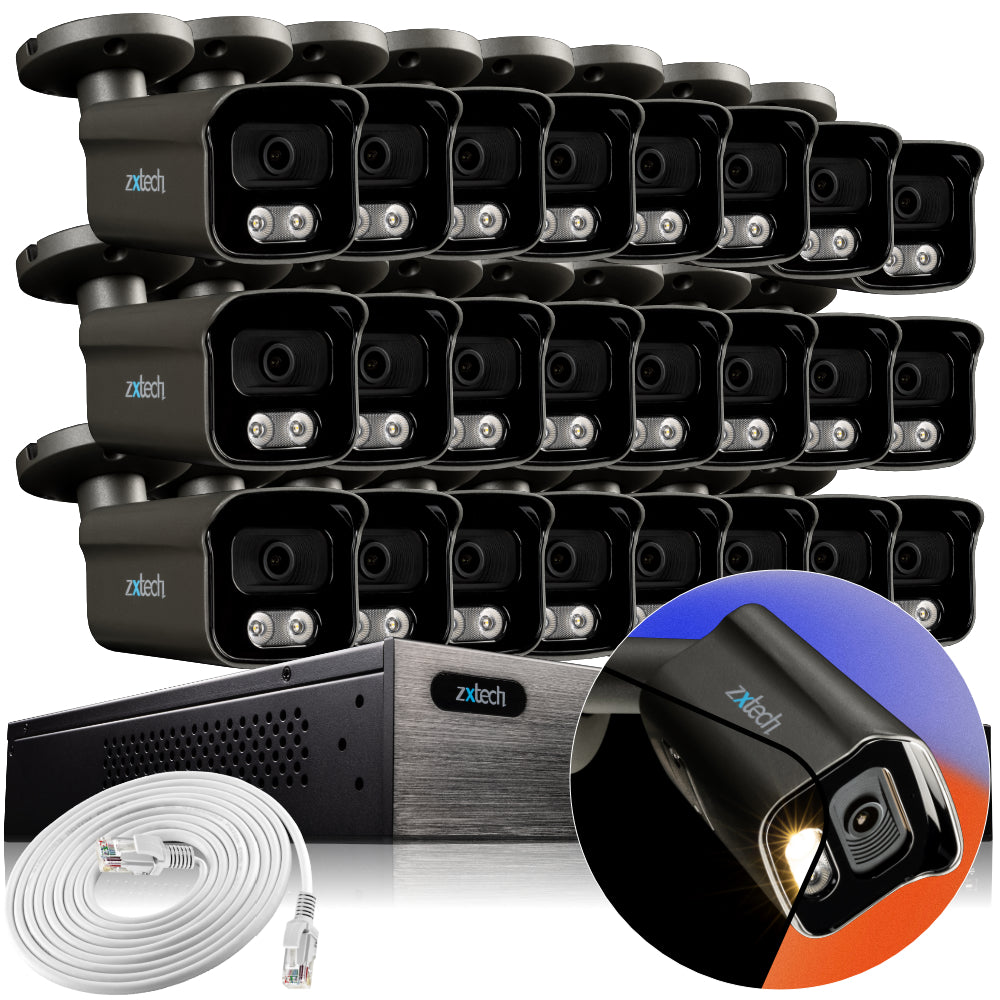 Zxtech 4K CCTV System - 24 x IP PoE Cameras Audio Recording Face Detection Outdoor Sony Starvis | RX24F24W