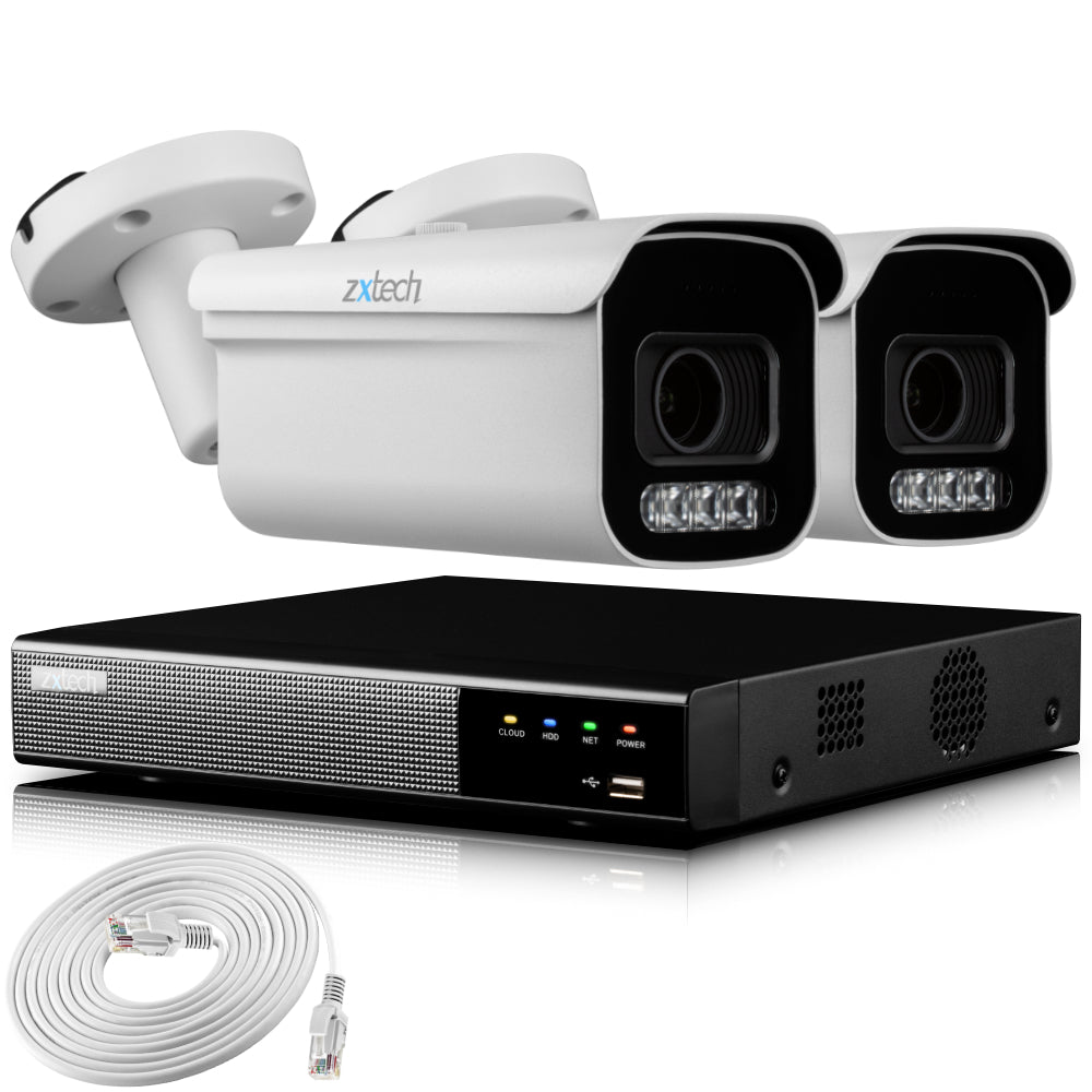 Zxtech 4K CCTV System - 2 x IP PoE Cameras Motorised Lens Face Detection Outdoor Sony Starvis Enhanced Night Vision | RX2D4Z