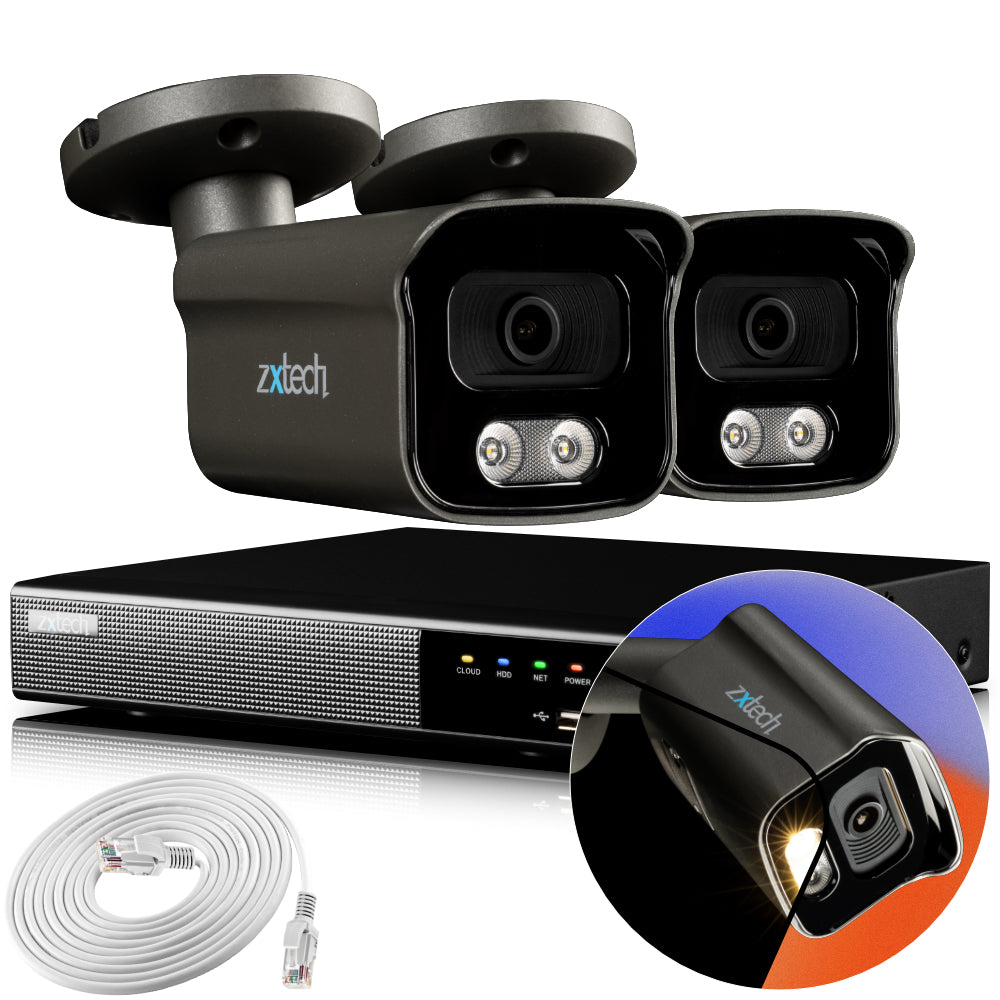 Zxtech 4K CCTV System - 2 x IP PoE Cameras Audio Recording Face Detection Outdoor Sony Starvis | RX2F4Z