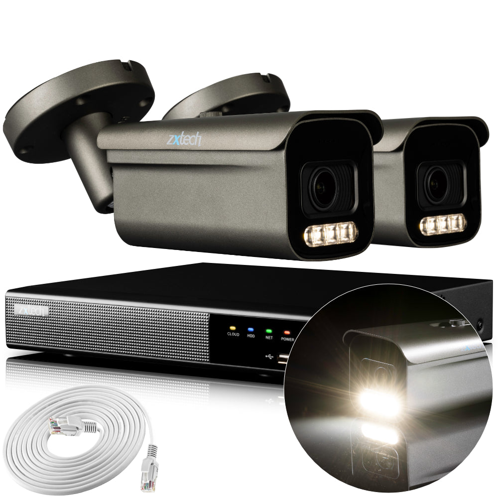 Zxtech 4K CCTV System - 2 x IP PoE Cameras Motorised Lens Face Detection Outdoor Sony Starvis Enhanced Night Vision | RX2H4Z
