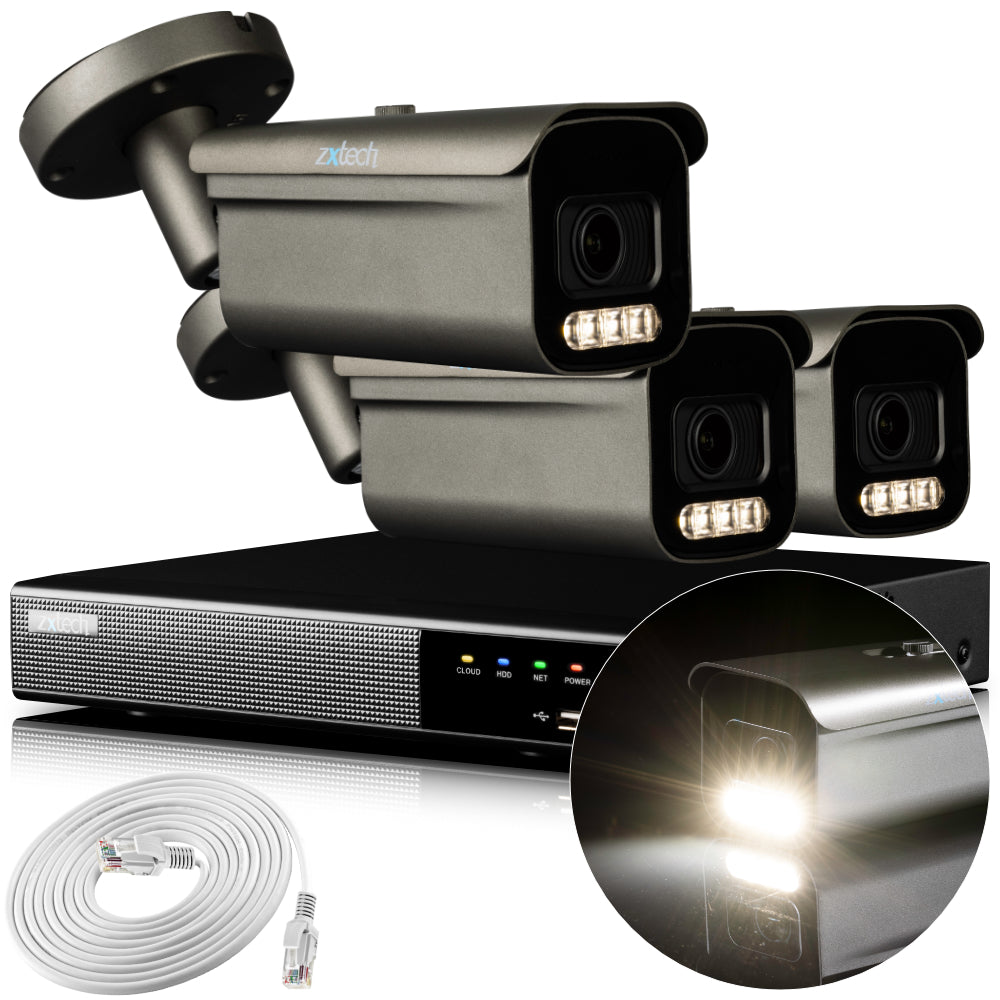 Zxtech 4K CCTV System - 3 x IP PoE Cameras Motorised Lens Face Detection Outdoor Sony Starvis Enhanced Night Vision | RX3H4Z