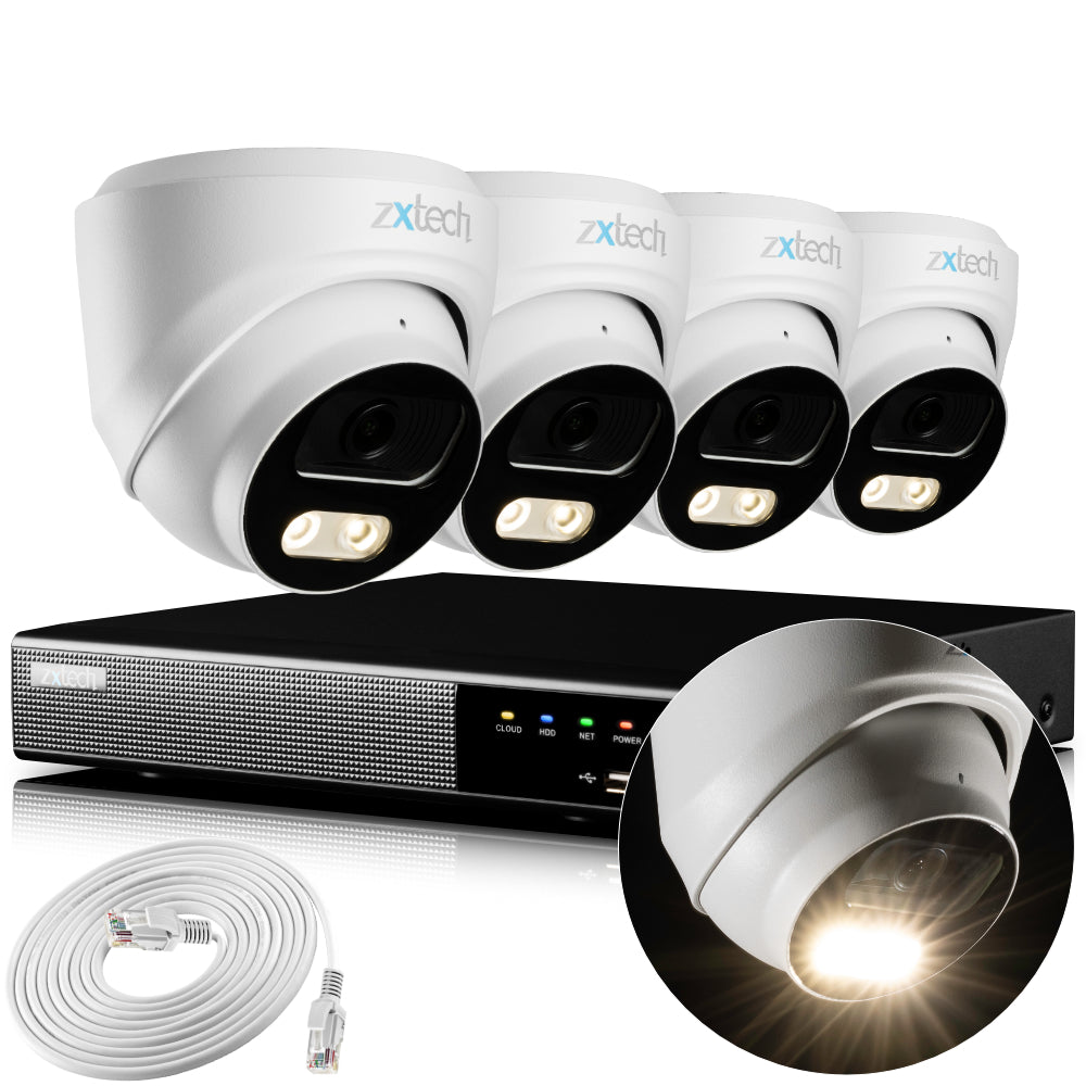 Zxtech 4K CCTV System - 4 x IP PoE Cameras Audio Recording Face Detection Outdoor Sony Starvis | RX4A4Z