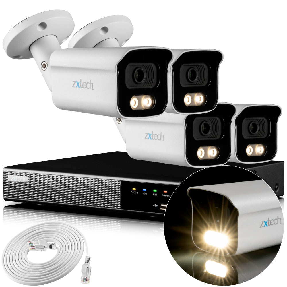 Zxtech 4K CCTV System - 4 x IP PoE Cameras Audio Recording Face Detection Outdoor Sony Starvis | RX4B4Z