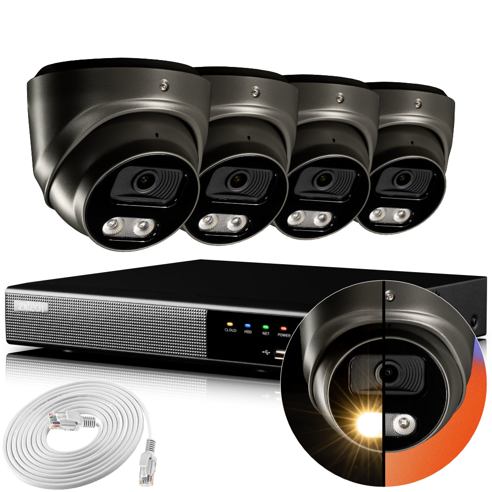 Zxtech 4K CCTV System - 4 x IP PoE Cameras Audio Recording Face Detection Outdoor Sony Starvis | RX4E4Z