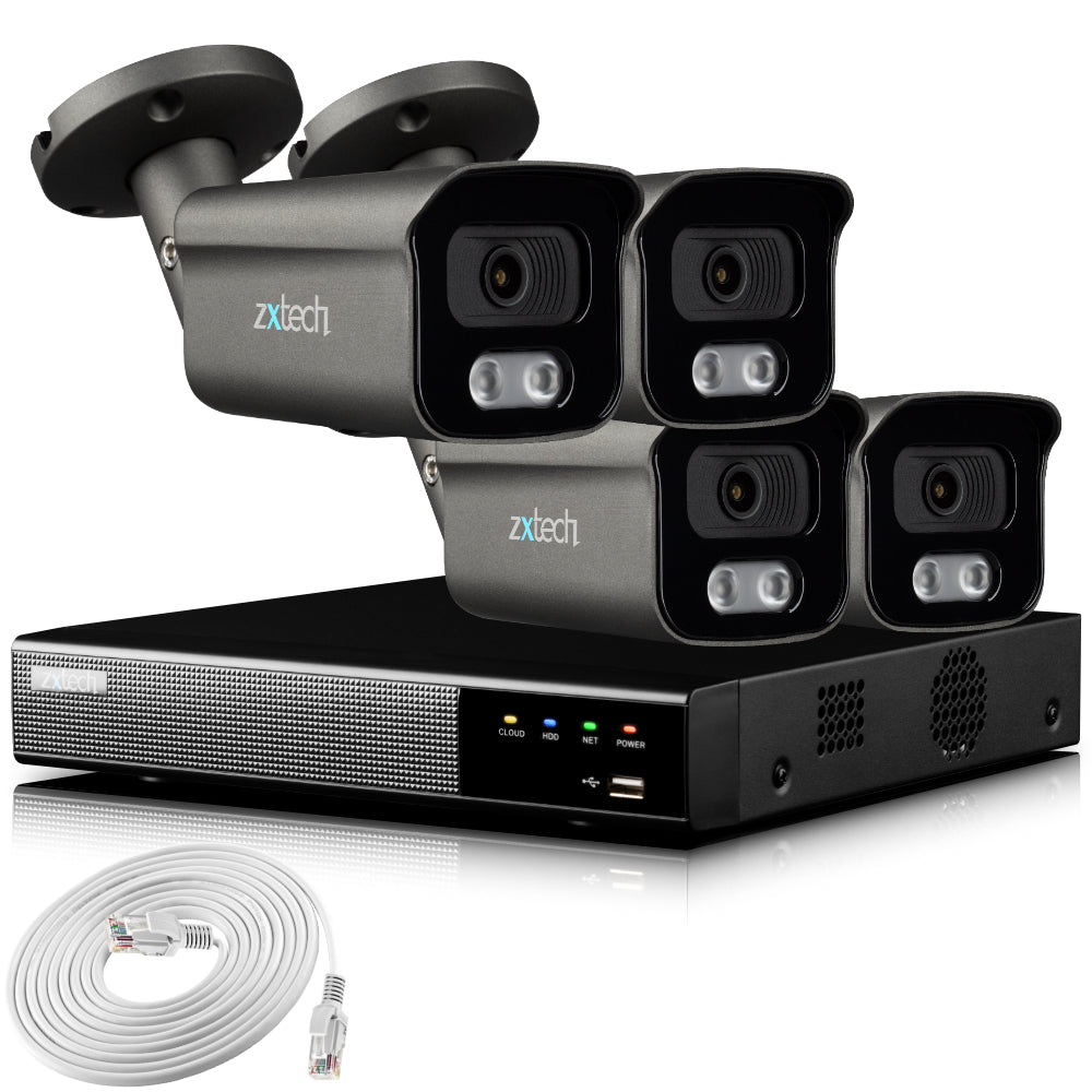 Zxtech 4K CCTV System - 4 x IP PoE Cameras Audio Recording Face Detection Outdoor Sony Starvis | RX4F4Z