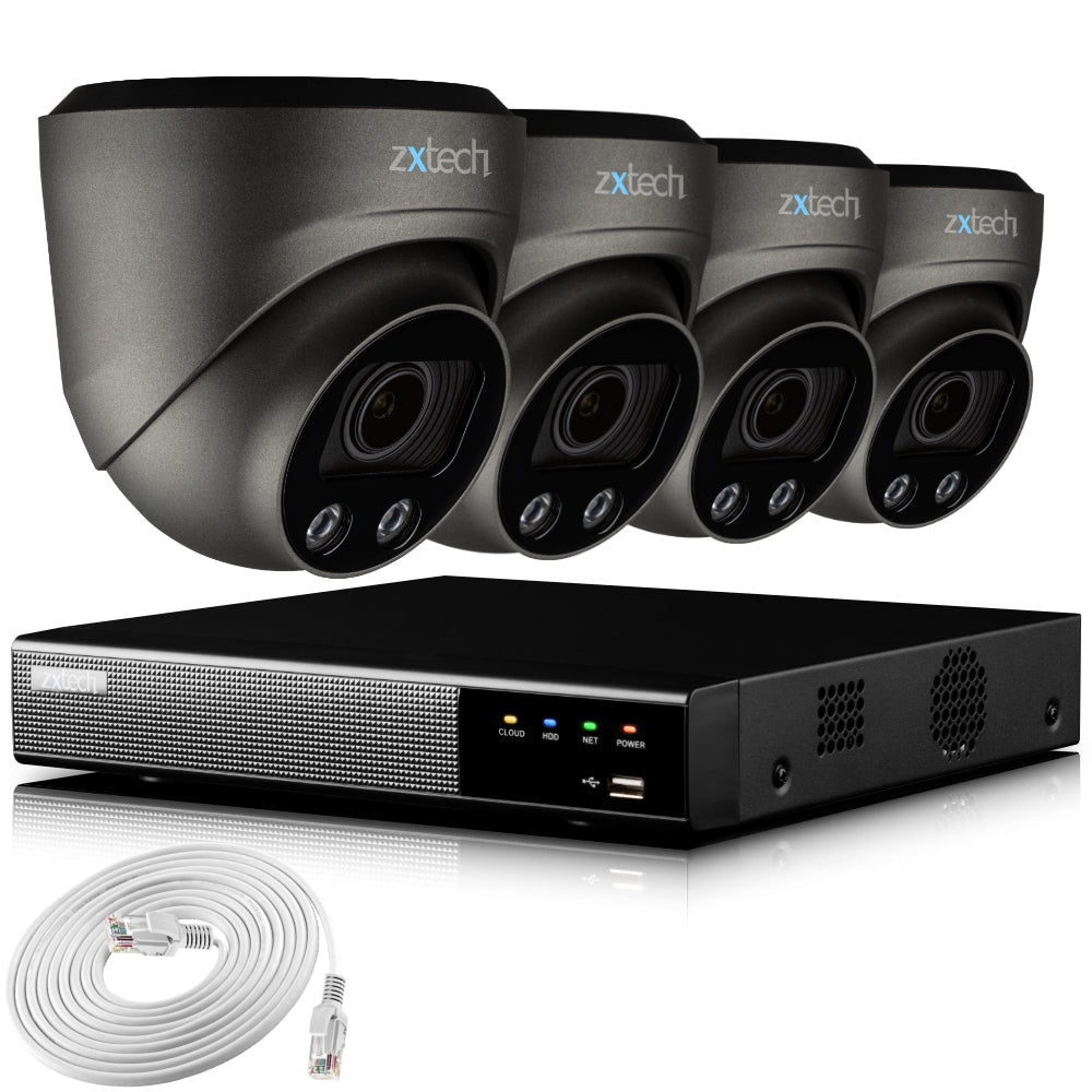 Zxtech 4K CCTV System - 4 x IP PoE Cameras Motorised Lens Face Detection Outdoor Sony Starvis | RX4G4Z