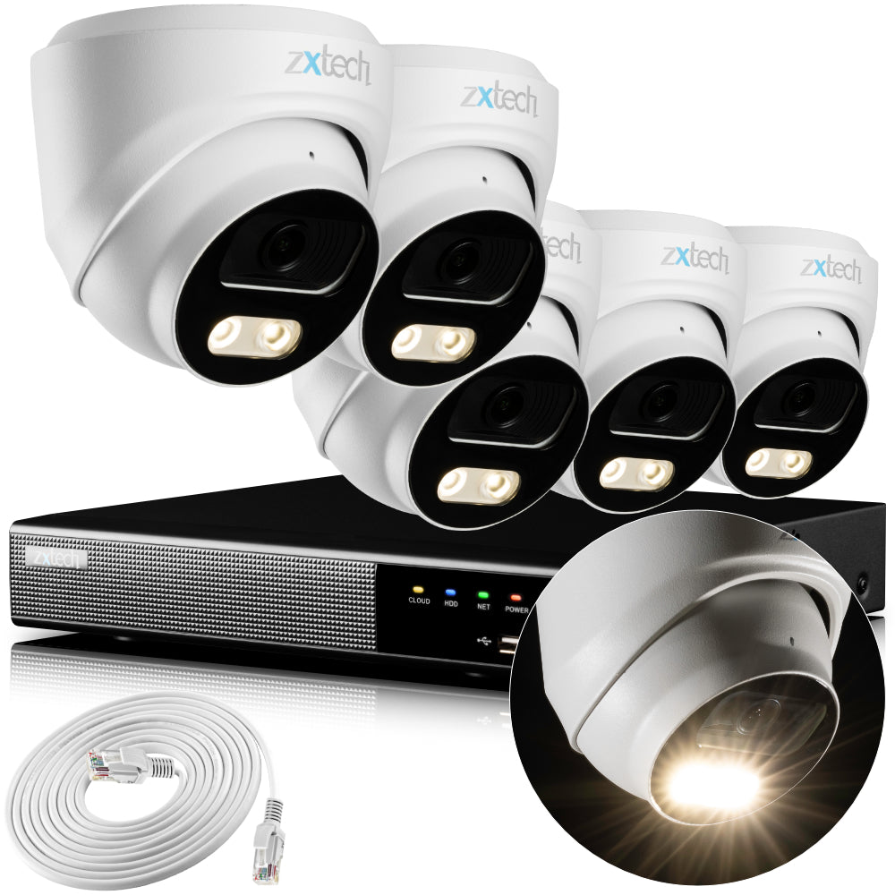 Zxtech 4K CCTV System - 5 x IP PoE Cameras Audio Recording Face Detection Outdoor Sony Starvis | RX5A9Y