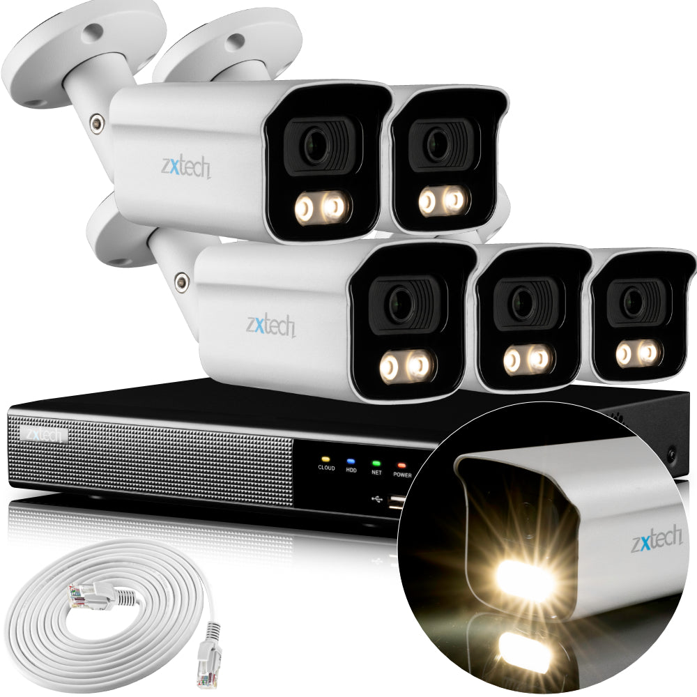 Zxtech 4K CCTV System - 5 x IP PoE Cameras Audio Recording Face Detection Outdoor Sony Starvis | RX5B9Y