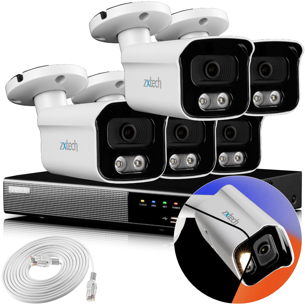 Zxtech 4K CCTV System - 5 x IP PoE Cameras Audio Recording Face Detection Outdoor Sony Starvis | RX5B9Y