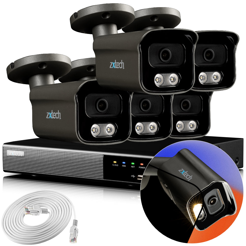 Zxtech 4K CCTV System - 5 x IP PoE Cameras Audio Recording Face Detection Outdoor Sony Starvis | RX5F9Y