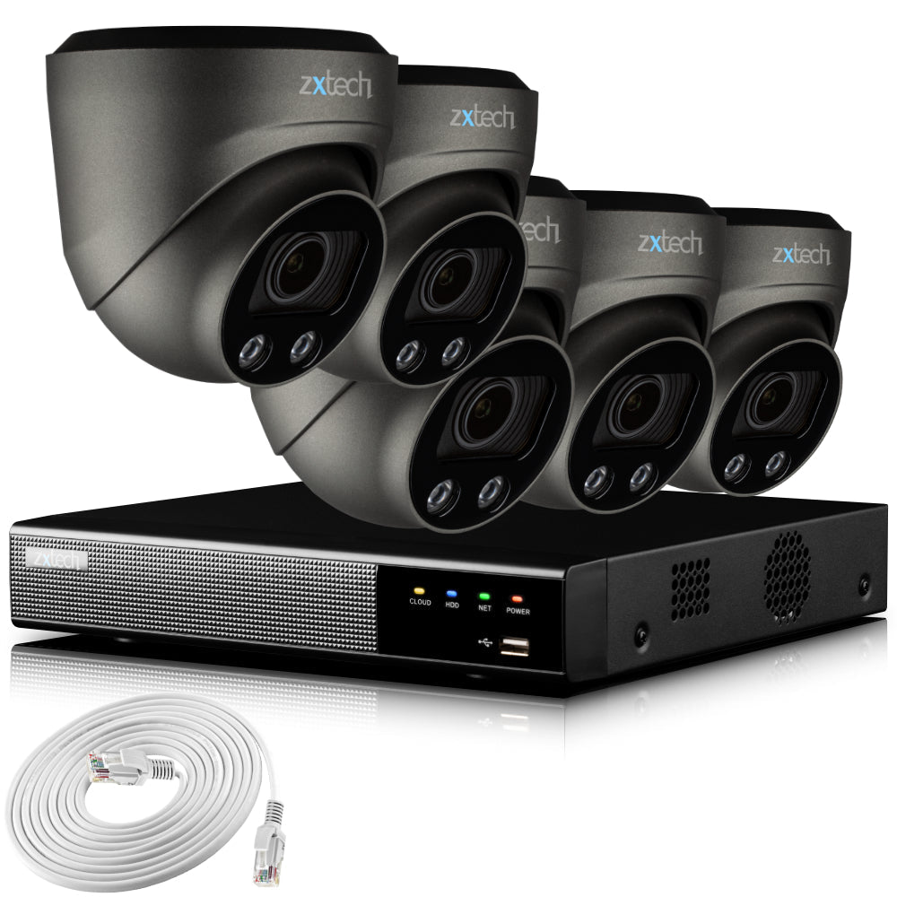 Zxtech 4K CCTV System - 5 x IP PoE Cameras Motorised Lens Face Detection Outdoor Sony Starvis | RX5G9Y