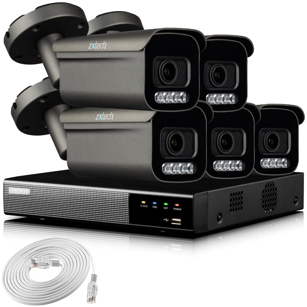 Zxtech 4K CCTV System - 5 x IP PoE Cameras Motorised Lens Face Detection Outdoor Sony Starvis Enhanced Night Vision | RX5H9Y