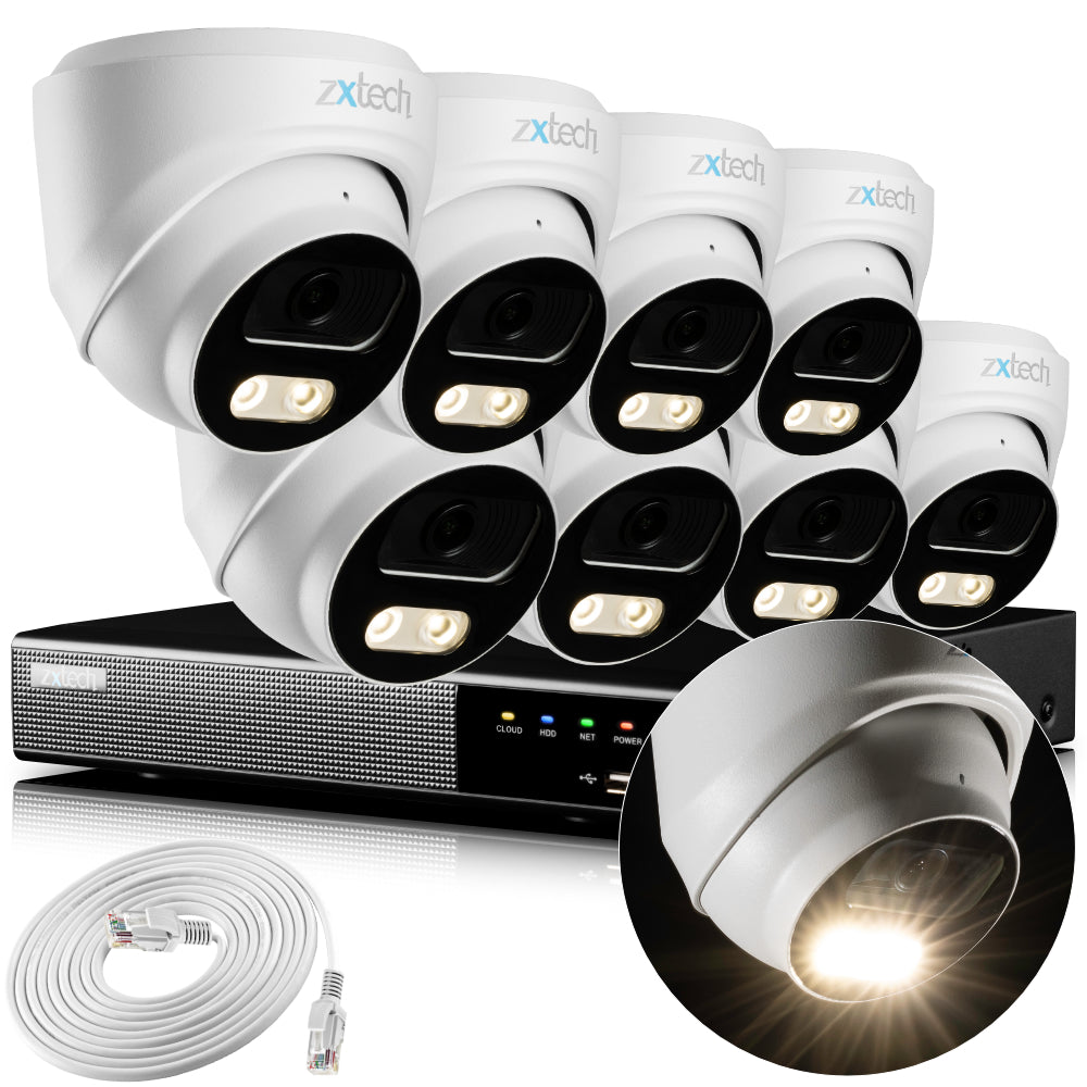 Zxtech 4K CCTV System - 8 x IP PoE Cameras Audio Recording Face Detection Outdoor Sony Starvis | RX8A9Y