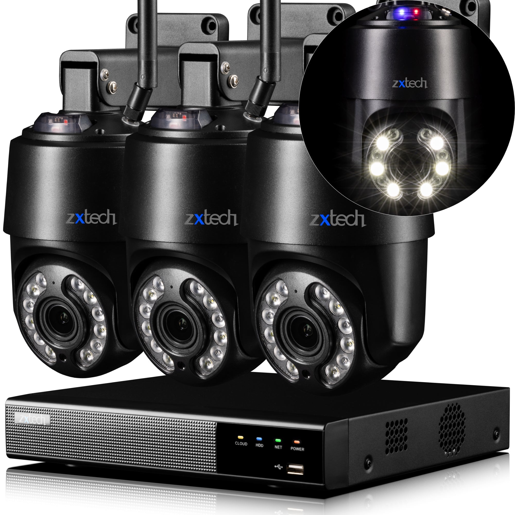 Zxtech 4K Wireless PTZ CCTV System - 3 x WiFi Security Camera 5X/10X/20X Auto Zoom Colour Night Vision Outdoor 2-Way-Audio 9CH Sony Starvis