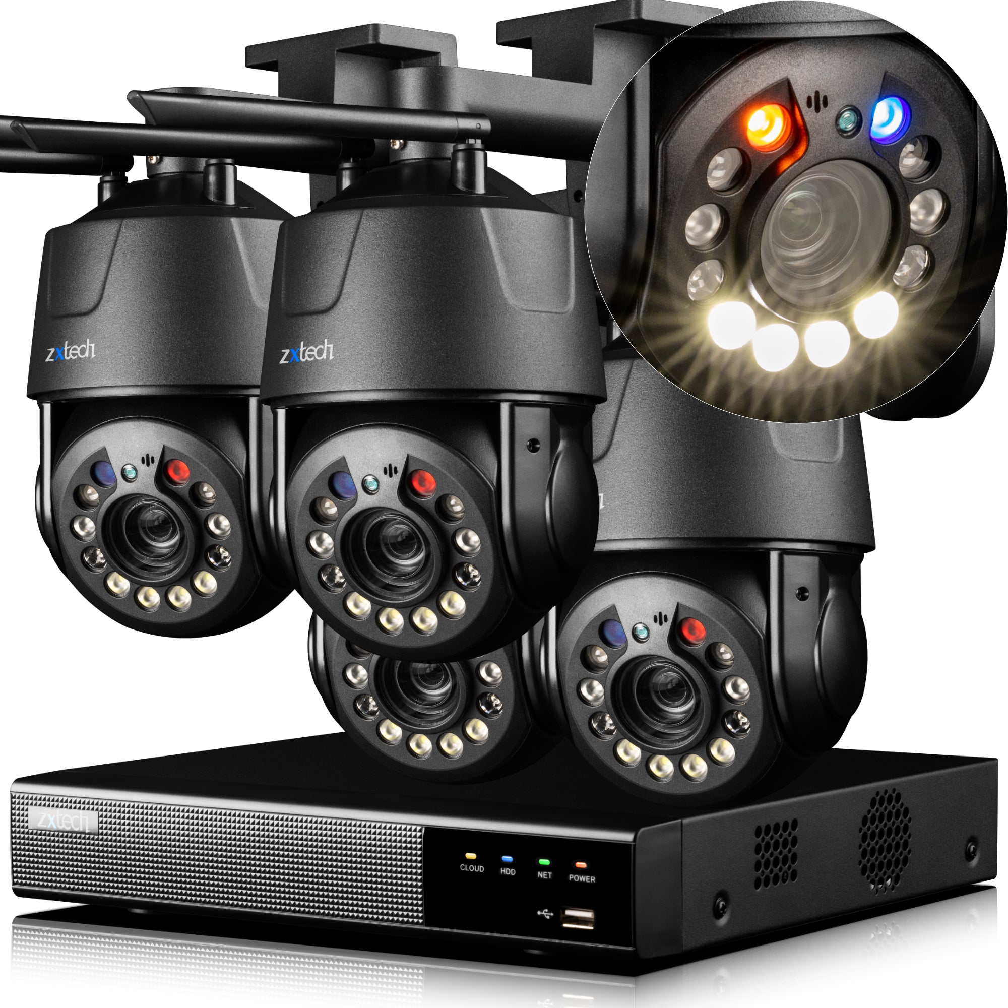 Zxtech 4K Wireless PTZ CCTV System - 4 x WiFi Security Camera 5X/10X/20X Auto Zoom Colour Night Vision Outdoor 2-Way-Audio 9CH Sony Starvis