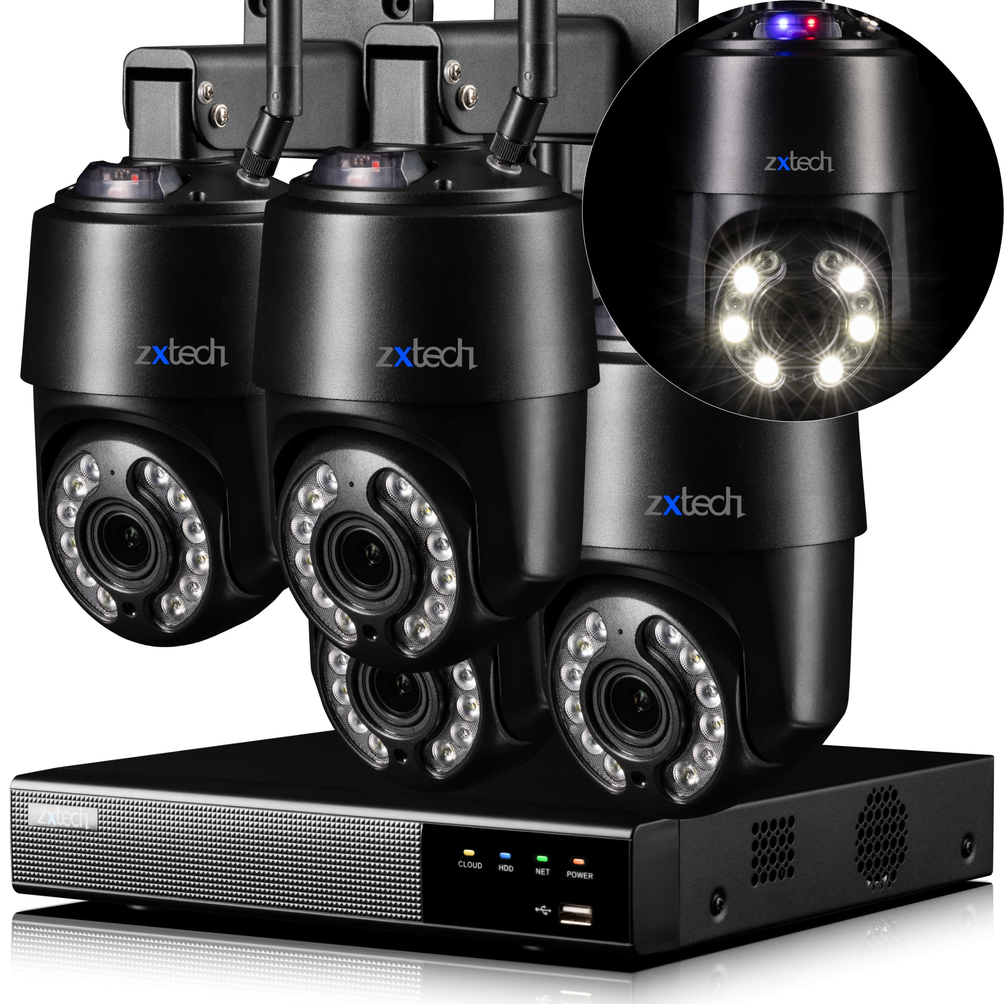 Zxtech 4K Wireless PTZ CCTV System - 4 x WiFi Security Camera 5X/10X/20X Auto Zoom Colour Night Vision Outdoor 2-Way-Audio 9CH Sony Starvis
